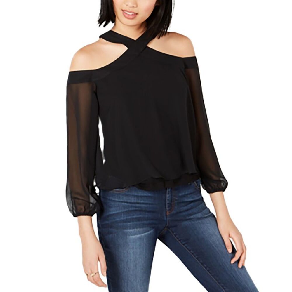 Bar Iii Cold-Shoulder Chiffon Overlay Mixed Media Top